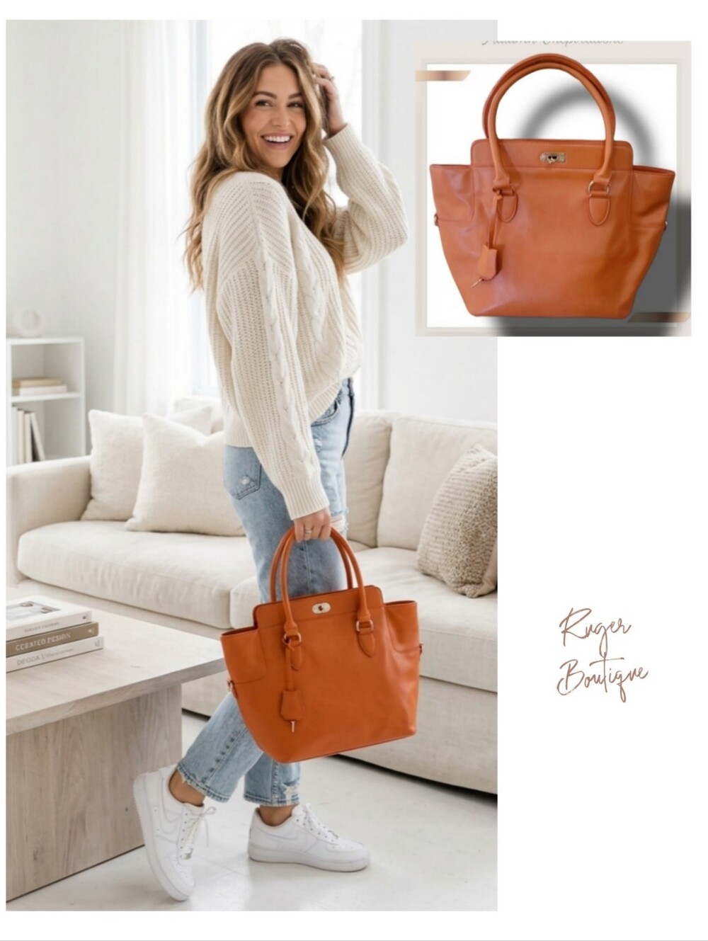 🌿Heggins Structured Orange Faux-Leather Shoulder Bag with Gold Tone Hardware